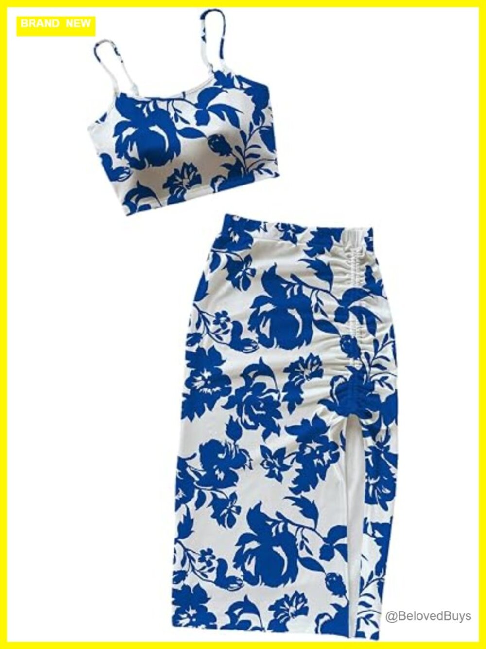 Women's 2 Piece Floral Crop Top and Drawstring Split Skirt Set